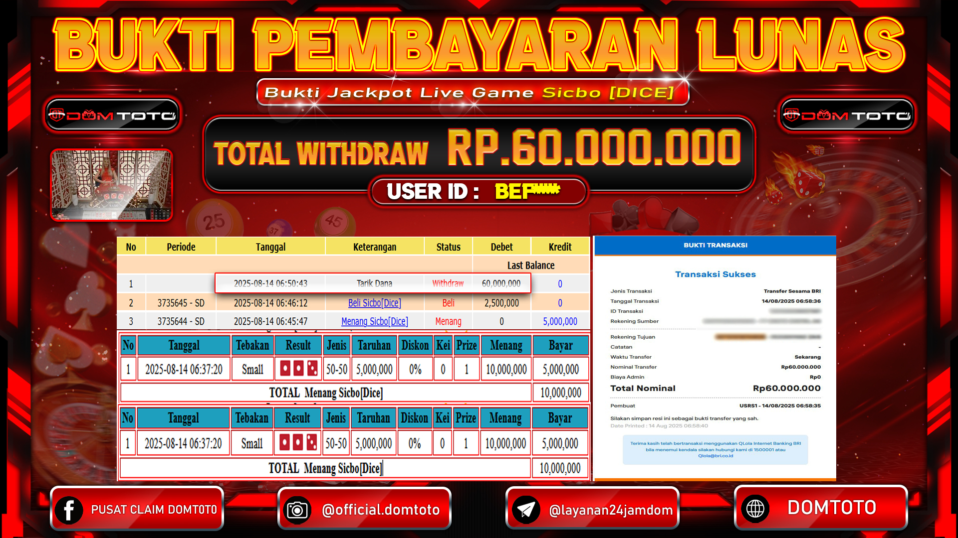 JACKPOT LIVE GAME SICBO [DICE] 14 AGUSTUS  2025